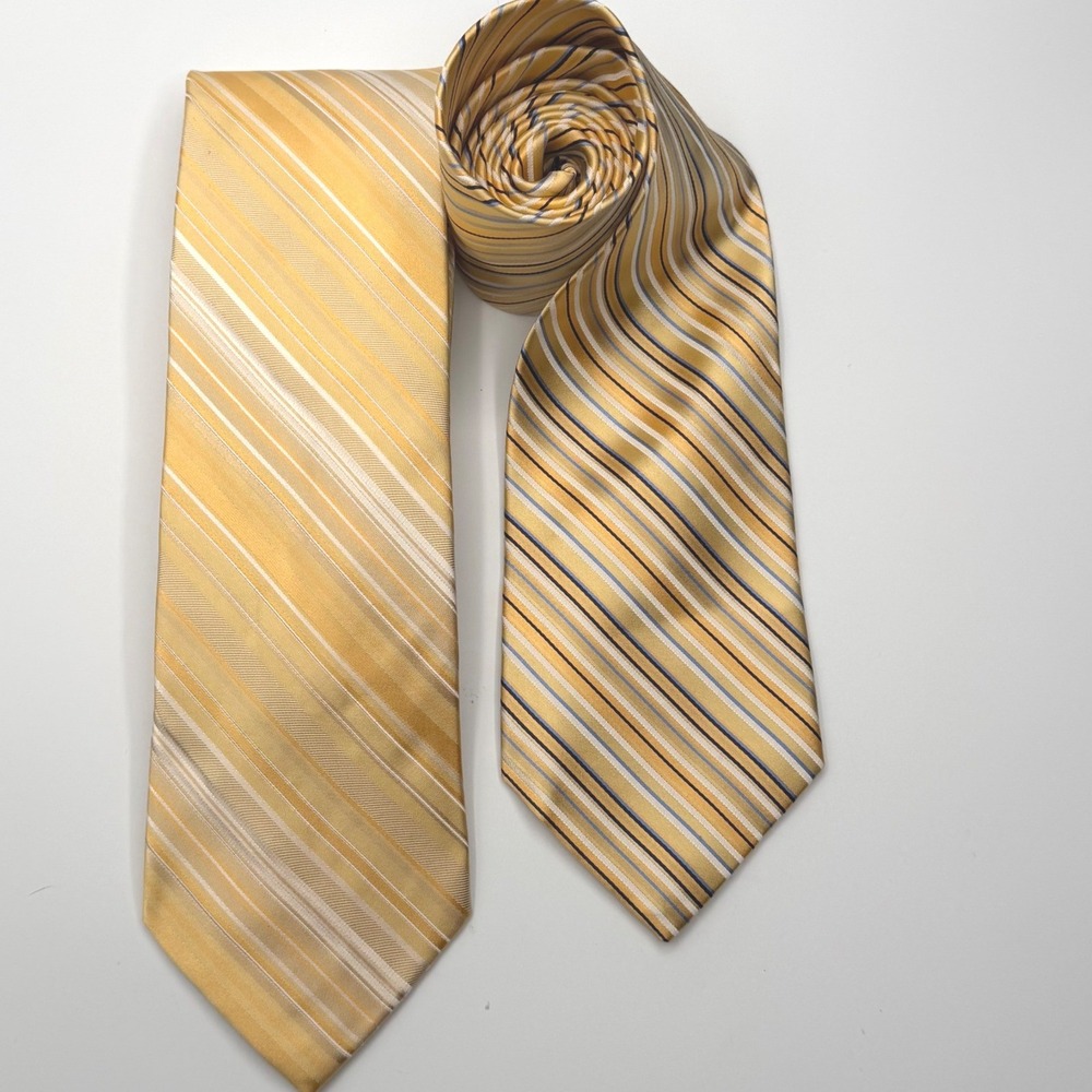 Pronto Uomo Necktie Mens OS Gold 100% Silk Diagonal Striped Lot of 2